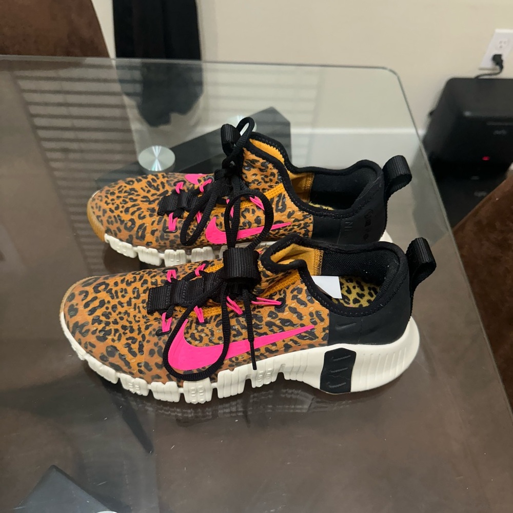 Brown and Pink Athletic Shoes with Chunky Sole and Leopard Print